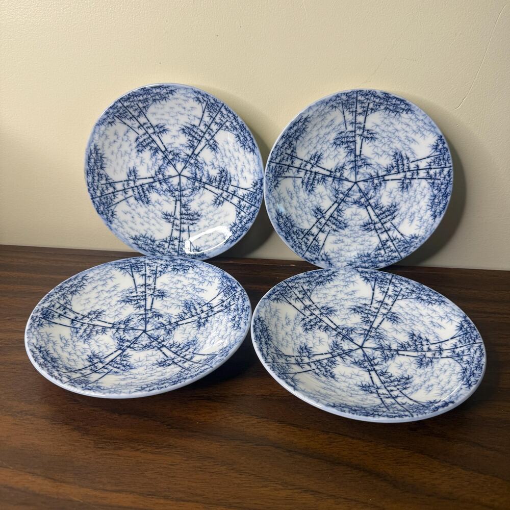 Vintage Otagiri Japan Plate Set Blue and White Porcelain Bamboo Trees